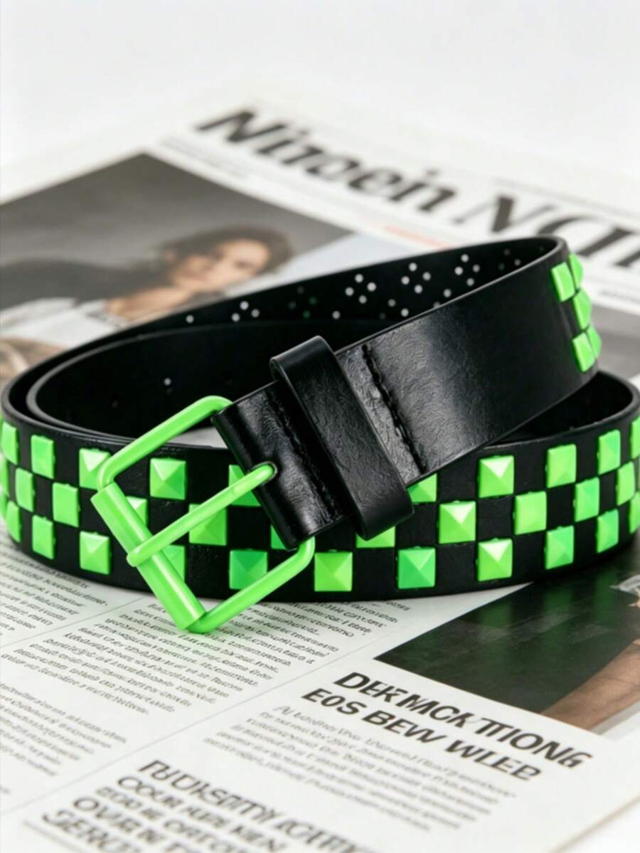 1pc Unisex Punk Style Belt, Hip-Hop Checkerboard Genuine Leather Belt. Can Be Paired With Jeans And Cargo Pants, Suitable For Daily Wear, Street Style And Campus Autumn/Winter Accessories. Applicable To Teenagers, Young Adults And Men, Easily Mastering Casual, Outdoor, Sports And Vacation Scenarios. Also An Excellent Choice For Graduation Gifts, Birthday Gifts Or Daily Self-Use. - Multicolor - View 1
