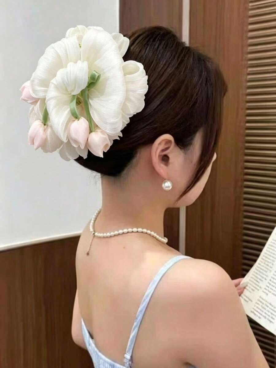1件女款白色純色大號泡泡紗蝴蝶結鬱金香花髮夾,優雅時尚森系公主風髮夾,適合日常活動、派對、攝影 - 白色 - 查看 1