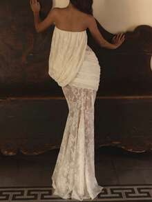 DOUCIU Asymmetric Lace Patchwork Strapless Dress For Party And Events - White - View 2