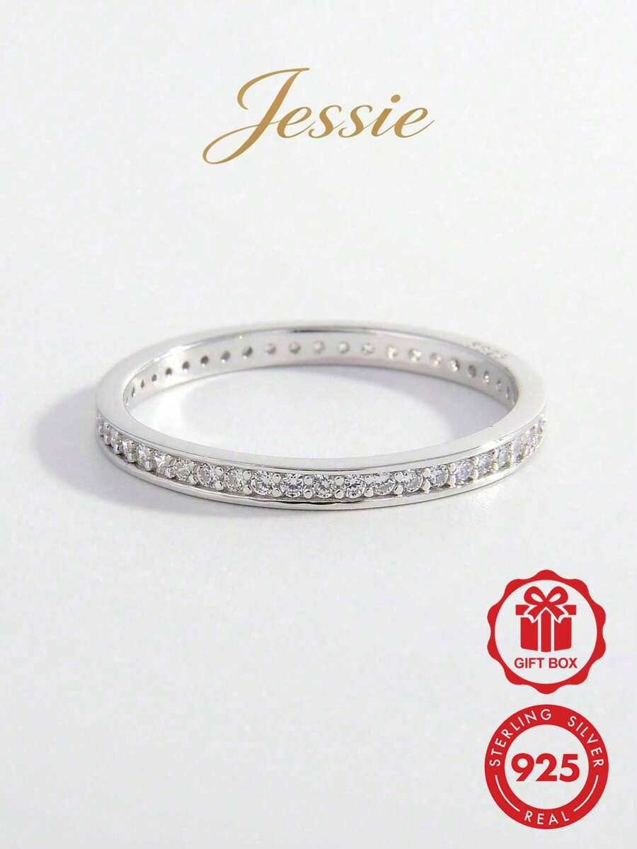 1 件時尚純銀方晶鋯石裝飾戒指女式日常裝飾婚禮訂婚新娘首飾 - 銀色 - 查看 1