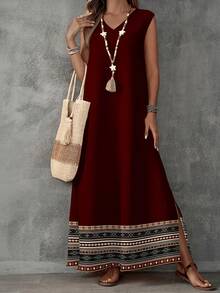 Vestido Maxi Sin Mangas Cuello V con Estampado  , Tela Lino Algodón Holgado con Abertura Lateral Mujer Estilo Boho - Flor negra - Ver 4
