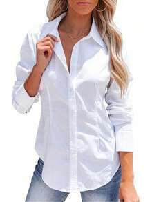 Plus Size Women's Long Sleeve Button Shirt, Ruched Waist Slim Fit Top For Casual Business Office, Daily Wear, Spring Summer Fall Winter White - White - View 5
