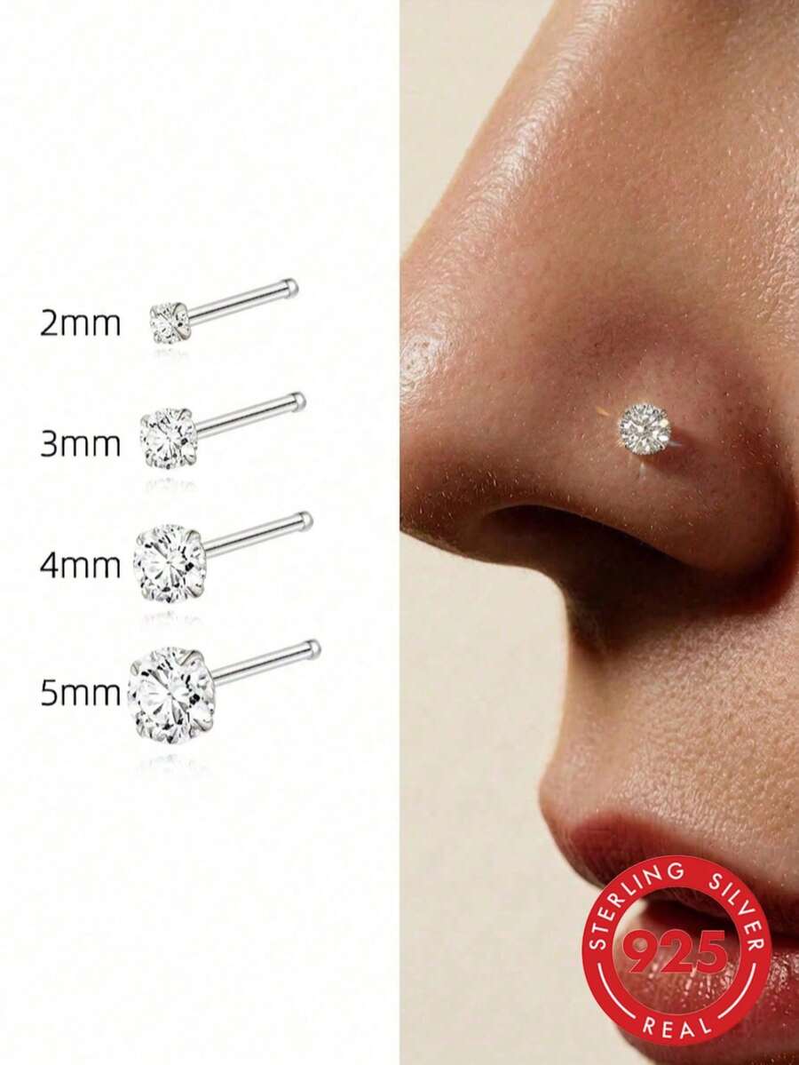 1件 2mm-5mm 925純銀直型L型鼻釘環 女款男款穿刺針身體飾品 低過敏性唇釘式推入式耳環 - 銀色 - 查看 1