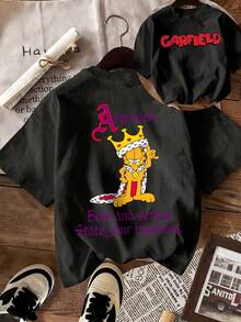 SHEIN | Garfield 女款黑色雙面印花T恤，皇冠卡通貓復古文字印花，寬鬆短袖，適合街頭旅遊日常穿搭女孩休閒造型 - 黑色 - 查看 3