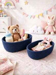3pcs/1pc Large Blue Oval Handmade Woven Storage Basket, Bohemian Style Rope Basket, Suitable For Kitchen, Bathroom, Multi-Functional Room, Bedroom, Living Room, Dorm, Desk, Vanity, Home Decor, Also For Storing Snacks - Blue - View 19
