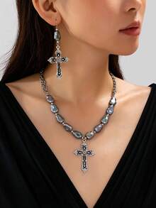 3pcs Vintage Distressed Silver-Tone Baroque Faux Pearl Jewelry Set, Iridescent Asymmetrical Baroque Faux Pearl Necklace With Carved Black Enamel Cross Pendant, Gothic Cross Drop Earrings, Western Religious Style Women's Party Accessories - Multicolor - View 2