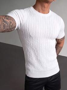 ZYNTH BALENO Men's Summer Fashion Crew Neck Cable Knit Slim Fit Short Sleeve Sweater, Suitable For Gym And Outdoor Sports - White - View 6