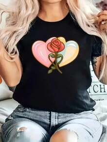 escentes y Adultos, Corte Holgado, Ropa Casual, Estampado Floral, Material Transpirable, Camiseta Duradera, Camiseta Estampada, Camiseta Básica, Ropa para Adultos, Estilo Unisex, Más Vendida - Negro - Ver 1