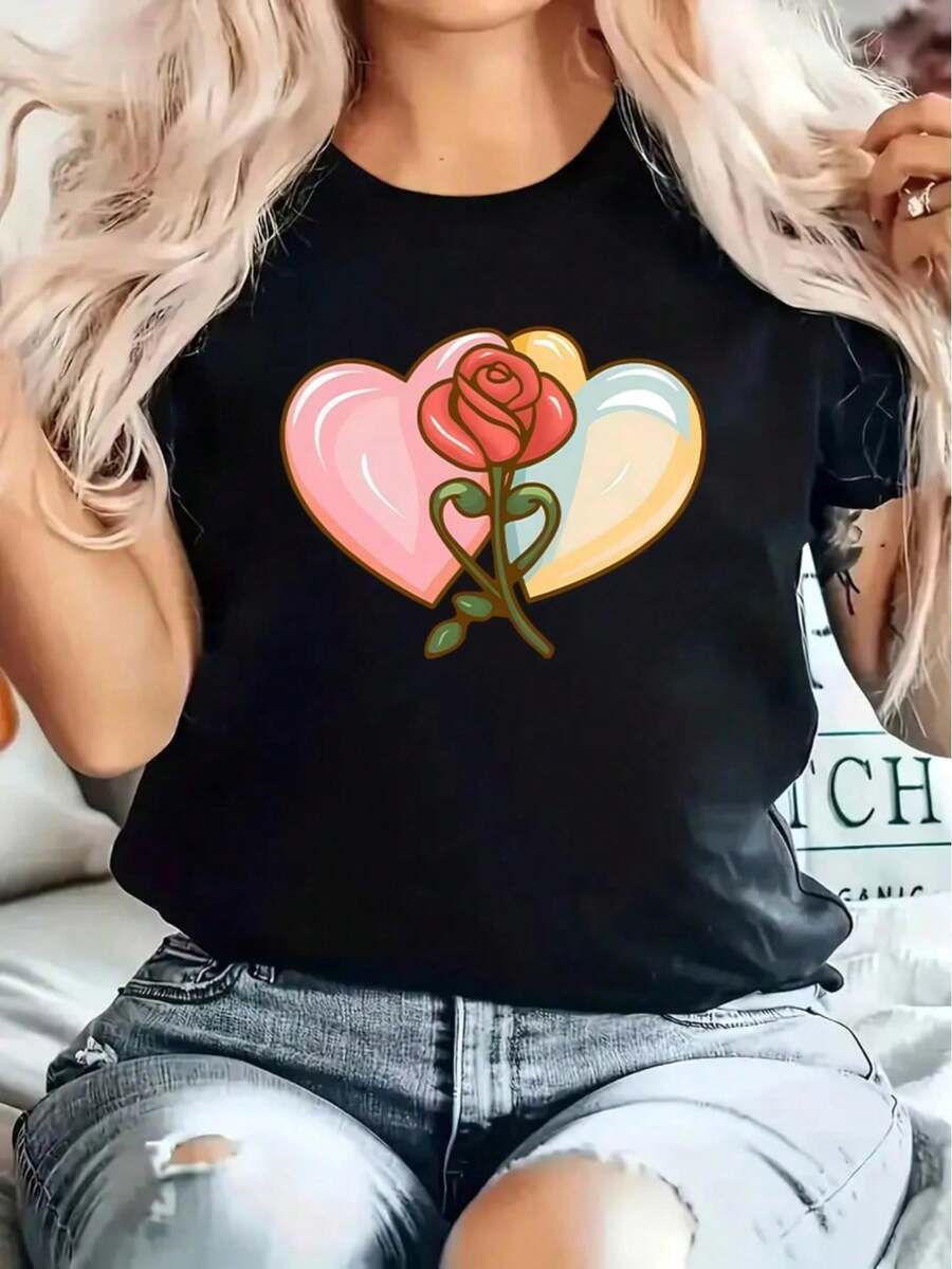 escentes y Adultos, Corte Holgado, Ropa Casual, Estampado Floral, Material Transpirable, Camiseta Duradera, Camiseta Estampada, Camiseta Básica, Ropa para Adultos, Estilo Unisex, Más Vendida - Negro - Ver 1