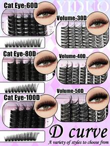 YIDUO 980pcs 6-Style Mixed Cluster Eyelash Extension Set, 80D-300D Pointed Base Dense D-Curl Lashes 5-20mm, Complete DIY Kit With 2 Bottles Of Adhesive & Sealer, Remover, Tweezers And Brush, Suitable For Home Use - Multicolor - View 3