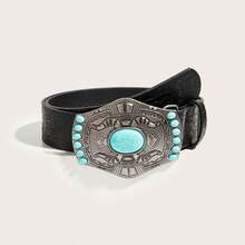 1 pieza Cinturón de mujer con estampado vintage de turquesa, adecuado para uso diario - Negro - Ver 7