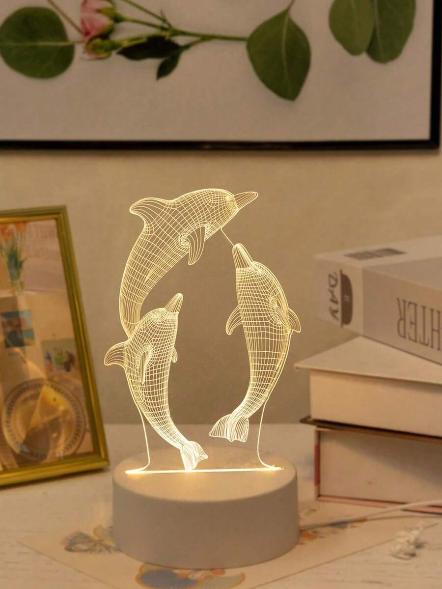 3D海豚LED小夜燈，壓克力海洋動物幻象燈，USB供電臥室檯燈，海洋生物房飾，兒童小夜燈，海洋主題裝飾檯燈，生日聖誕禮物，適合男孩、女孩、海豚愛好者與家人