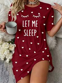 女款「Sleep」標語睫毛圖案睡衣－舒適短袖圓領 T-shirt 連身裙，附愛心裝飾，四季針織居家睡衣 - 酒紅色 - 查看 5