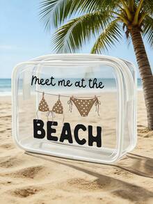 「Meet Me At The Beach」字母印花 PVC 防水沙灘包，豹紋泳裝圖案，PVC 化妝包，拉鍊密封 PVC 旅行收納袋，輕量耐褪色女士化妝盥洗包，TSA 認證便攜化妝收納盒，易清潔設計，適合母親、老師、朋友、護理師，適用於學校、度假、假日、返校用品盥洗包 - 彩色 - 查看 4