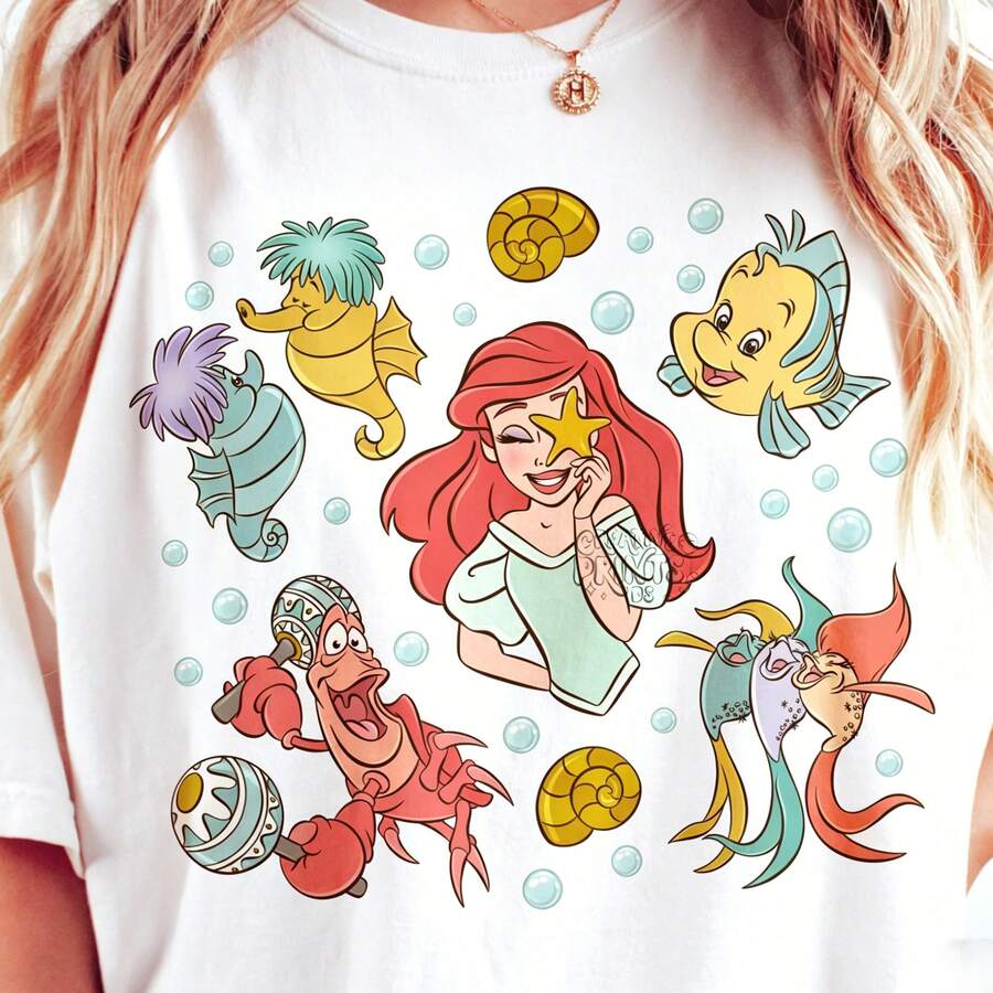 Disney The  Ariel Band Starfish Cotton T-Shirt, Men Women Cute Princess Casual Tee - 白色 - 查看 1