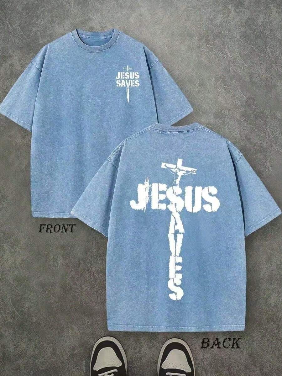 Jesus Graphic Print T-Shirt 'God Has A Plan', Double-Sided Print, Washed T-Shirt, Party Favors, Y2K Graphic Tees For Men, Vintage Washed Style T-Shirts - Blue 1 - View 1