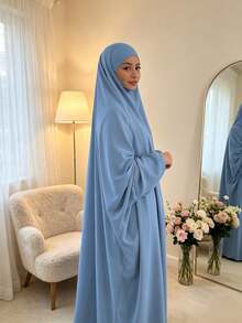 1pc Women's Solid Color Nida Fabric Breathable Skin-Friendly Loose Comfortable Abaya With Tie Closure For Easy Wear, Prayer, Jilbab Robe, Dubai Hijab - 42# Haze Blue - View 1