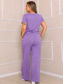 Women's Set Of Wide Leg Pants And Comfortable Sweatshirt Top Summer - 紫丁香色 - 查看 3