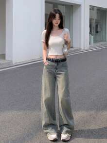 YEAE | Celana Jeans Wanita Model Retro Amerika dengan Potongan Longgar dan Lebar, Pinggang Tinggi, Potongan Lurus, dan Ujung Berumbai, Gaya Kasual Musim Gugur - Light Wash - View 4