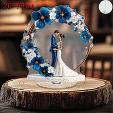 1pc 2D Flat Rotating Acrylic Wedding Couple Decor - 2D Flat Rotating Base With Blue & White Floral Arch, Sparkling Center Decoration, Suitable For Outdoor Tabletop Decor, Wedding/Anniversary Gift - A - View 8