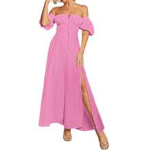 New Style Summer Dress With Puff Sleeves, Strapless, Solid Color, Short Sleeves And Slit At The Hem For Women. - Hot Pink - View 1