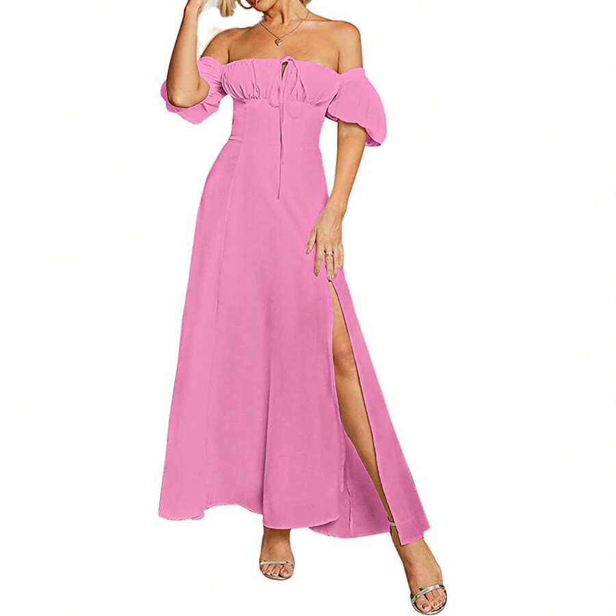 New Style Summer Dress With Puff Sleeves, Strapless, Solid Color, Short Sleeves And Slit At The Hem For Women. - Hot Pink - View 1