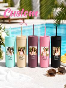 Personalized Photo Slim Insulated Tumbler, Creative Text Water Bottle With Straw, Bridesmaid Gift, Straight Body Insulated Tumbler, Stainless Steel Water Bottles - Multicolor - View 3