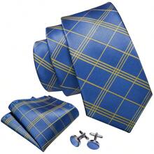 Conjunto completo de corbata a cuadros azules con pañuelo de bolsillo & gemelos, accesorios formales diarios para trabajo de oficina y reuniones - Azul - Ver 2