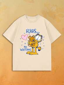 SHEIN | Garfield 女款米色圓領T恤，可愛卡通貓抱熊愛心標語印花，寬鬆短袖，適合日常街頭女孩休閒穿搭 - 杏色 - 查看 1