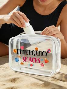 「Emergency Snack」字母印花 PVC 化妝包，拉鍊密封 PVC 旅行收納袋，輕量耐褪色化妝盥洗包，適合女性與女孩，TSA 認證便攜化妝收納盒，易擦拭清潔，適合母親、老師、朋友、護理師等使用者，女性好友禮品袋，學校與度假旅行必備盥洗包，防水盥洗包 - 彩色 - 查看 3