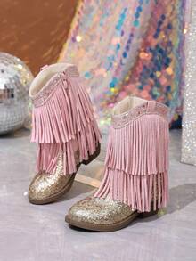 NILOSH Girls' Glitter Tassel Denim Boots, Western Mid-Calf Boots, Suitable For Party, Dance And Performance - Baby Pink - View 6