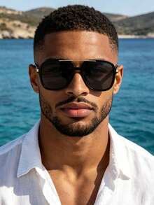 1 Pair Vintage Double Bridge Square Fashion Glasses, High-End Street Style, Elegant Retro Versatile Men's Glasses, Vacation Beach Accessory Aviator Glasses - Black - View 4