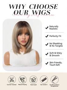 12 Inch Deep Root Light Brown Straight Bob Wig, Lightweight Soft Synthetic Fiber, Full Face Framing Bangs, Comfortable Adjustable Wig Cap, Suitable For Daily Commute, Vintage Photoshoot, Holiday Cosplay, Costume Party, Women's Fashion Synthetic Wig - Brown Ombre - View 10