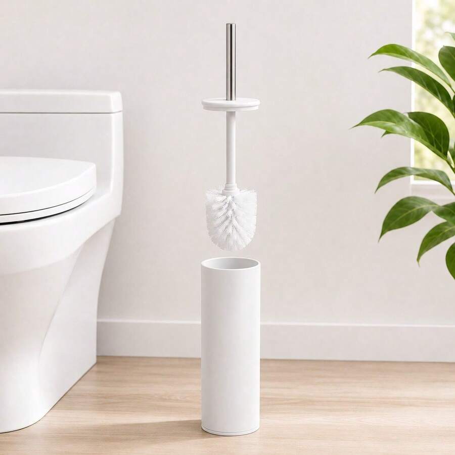 Inde CONFORTIME | White Stainless Steel Toilet Brush Holder With Lid, Bathroom Brush With Cylindrical Holder And Inner Cup, Minimalist Toilet Brush Holder, Bathroom Accessories - White Toilet Brush Holder - View 1