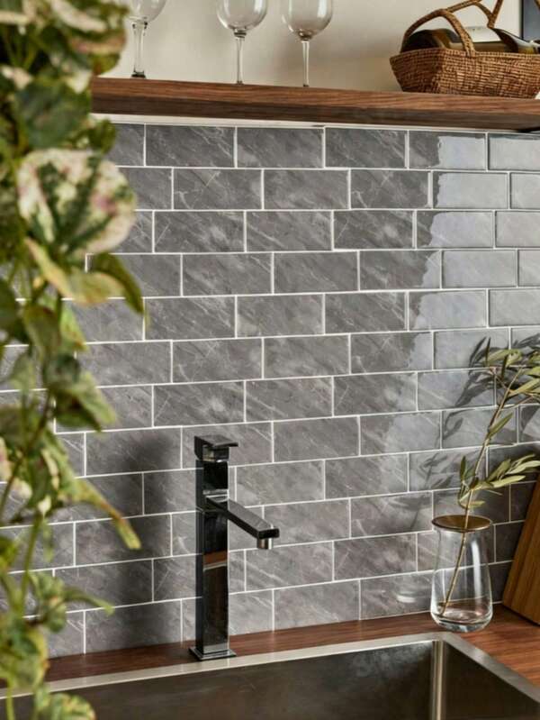 Gray Stone Grain Waterproof Tile Pattern 3D Textured Wall Panels DIY Tile, Removable Self-Adhesive Wall Tile Stickers, For Kitchen Bathroom Backsplash And Holiday Decoration