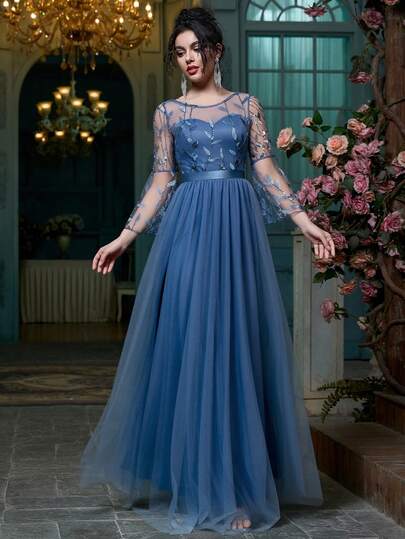 Women Plus Size Elegant Patchwork Mesh Applique Evening Party Dress Bridesmaid Wedding Guest Maid Of Honor Formal Evening Spring Autumn Winter