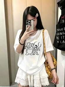 200g 100% Cotton T-Shirt, 2026 Summer Fashion Printed Short-Sleeve T-Shirt, Couple Style, Innerwear, Outerwear, Office Casual Round Neck Short-Sleeve Top - White - View 2