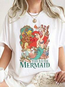 Oversized Disney T-Shirt Disney Cartoon Red-Haired Princess Atmosphere Printed 100% Cotton For Women, Suitable For Daily Outings Summer Casual Wear - 白色 - 查看 1