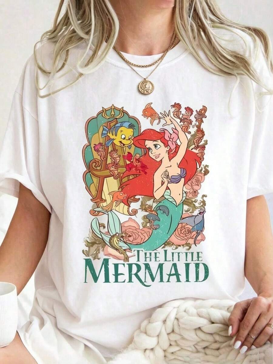 Oversized Disney T-Shirt Disney Cartoon Red-Haired Princess Atmosphere Printed 100% Cotton For Women, Suitable For Daily Outings Summer Casual Wear - 白色 - 查看 1