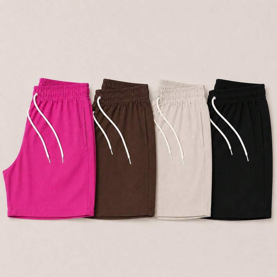 Kit 4 Shorts De Linho Premium Bermuda Mauricinho Masculino Casual Basico Confortavel Cores Especificas, MARROM, Branco, Preto (colorido)