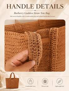 Burberry 女士草编手提包，编织敞口设计，大容量肩背手提包，加固提手，轻便易携，耐用柔软的草编材质，中性棕色波西米亚风格，透气面料，可装书籍、沙滩巾、日常必需品，适合通勤、海滩、购物、旅行、周末郊游，百搭时尚，是时尚爱好者的理想夏季礼物。 - 鏽棕色 - 查看 6