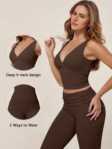 TimeOff 1 Set Women's Solid Color V-Neck Backless Removable Padded Camisole And Flared Leg Pants Sports Suit - Brown - View 5