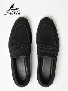 Salkin 經典時尚設計男士樂福鞋 圓頭套腳式 純色麂皮莫卡辛休閒鞋，柔軟舒適 透氣防滑耐穿 平底鞋，時尚西裝百搭 學生返校 大學風 畢業典禮 商務正裝 男士辦公室 派對 宴會 婚禮 新郎鞋 春夏秋季 大尺碼男鞋，多色可選，尺寸偏小，請選擇大一號 - 黑色 - 查看 1