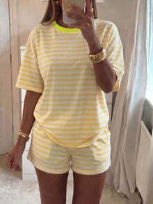 Vellofy Women's Casual Striped Two Pieces Set With Round Neck Short Sleeve Top And Shorts Summer - Yellow - View 4