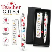 3-Piece "Thank You Teacher" Gift Set, Includes Apple Pendant Metal Bookmark, Matching Ballpoint Pen And Gift Box, Suitable For Male And Female Teachers As Appreciation Gift, Applicable For Back To School, End Of School Year And Reading/Writing Themed Gifts - "Thank You Teacher" Gift Set - View 1