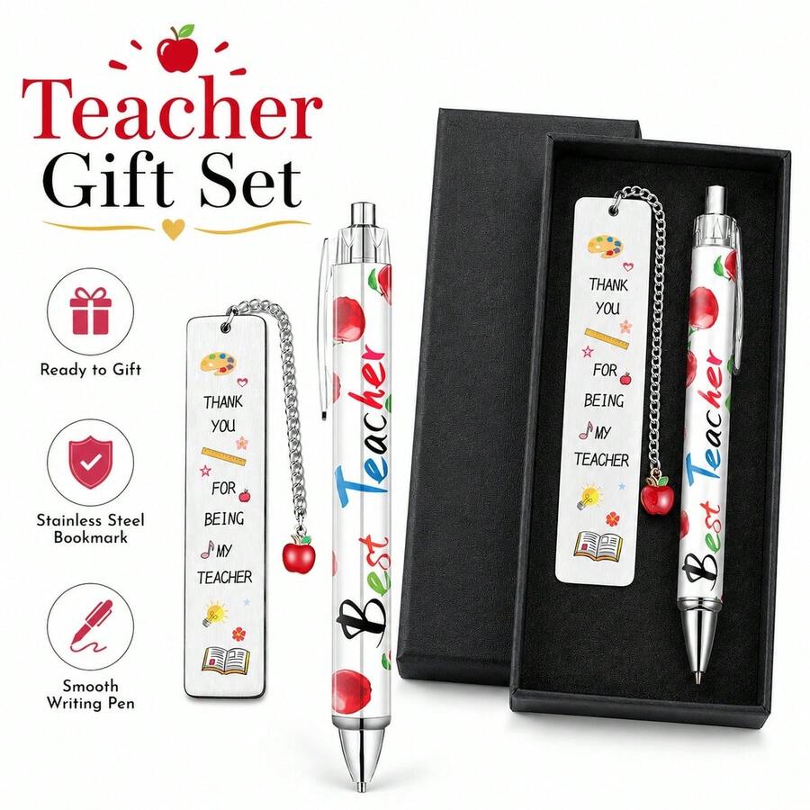 3-Piece "Thank You Teacher" Gift Set, Includes Apple Pendant Metal Bookmark, Matching Ballpoint Pen And Gift Box, Suitable For Male And Female Teachers As Appreciation Gift, Applicable For Back To School, End Of School Year And Reading/Writing Themed Gifts - "Thank You Teacher" Gift Set - View 1