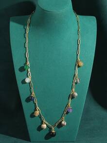 Conjunto de Joyas Vintage con Collar Colgante y Pendientes de Cuentas de Ágata Falsa de Bola Colorida con Piedra Natural, Elegante para Uso Diario, Chapado en Cobre y Oro de 18K para Mujeres - Bronce - Ver 12
