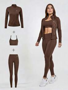 Women's 3-Piece Gym Set – Zippered Jacket + Padded Top + Leggings - Women's 3-Piece Gym Set – Premium Women's 3-Piece Gym Set For Autumn And Winter - 咖啡棕色 - 查看 1