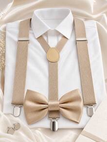1 Set Matte Solid Color Bow Tie Adjustable 3-Clip Suspenders 2-Piece Men's Wedding Banquet Matching Set - Apricot Bow Tie - View 14