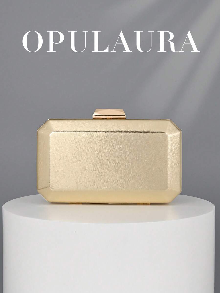 OpulAura 復古優雅皮革晚宴手拿包,極簡設計時尚晚禮服包,迷人精緻正式派對手提包,高級方盒手拿包,適合派對/婚禮/正式場合晚餐,附鏈條可肩背/斜背 - 金色 - 查看 1